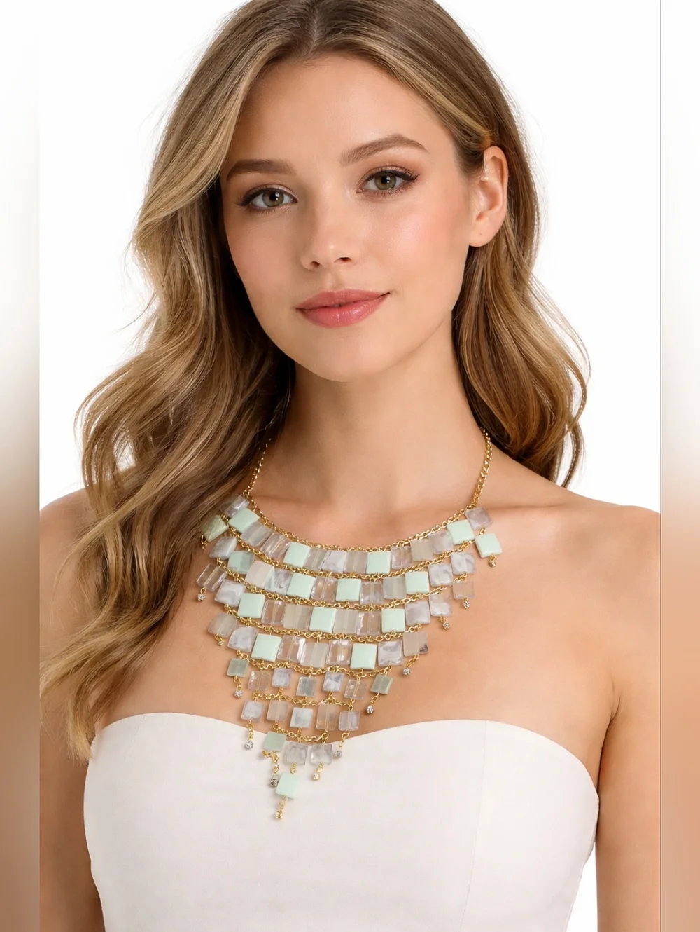 Gold-Plated Statement Necklace with Mint & Clear Stones - Picture 1 of 3